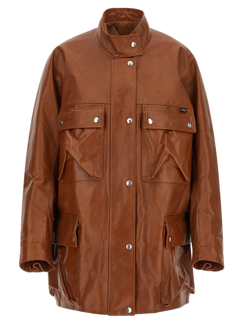 Giacca in pelle di vitello marrone Prada