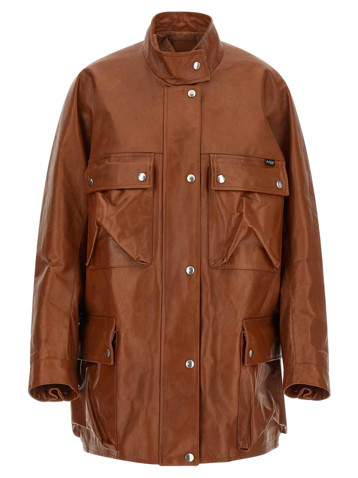 Giacca in pelle di vitello marrone Prada
