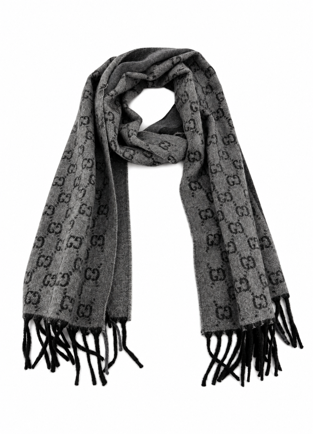 Sciarpa Gucci in lana grigia con monogramma e frange