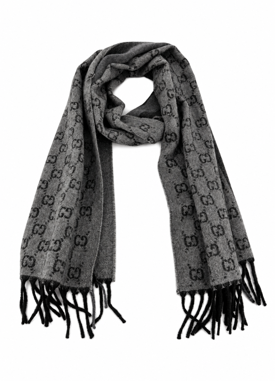 Sciarpa Gucci in lana grigia con monogramma e frange