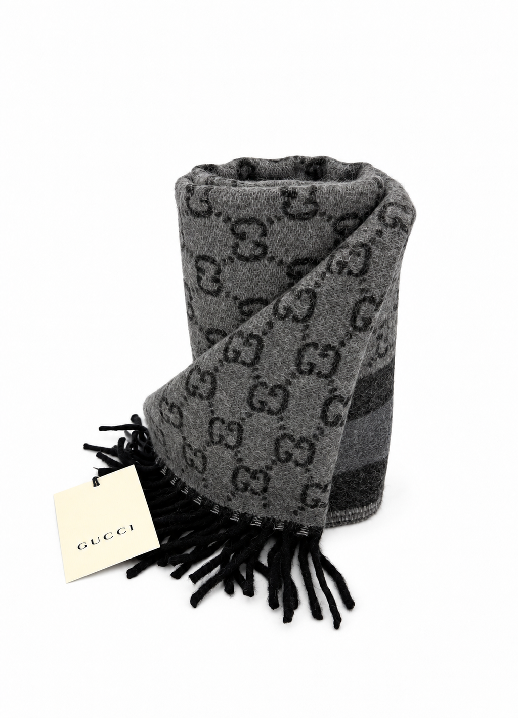 Sciarpa Gucci in lana grigia con monogramma e frange