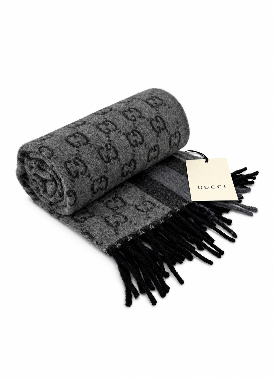 Sciarpa Gucci in lana grigia con monogramma e frange