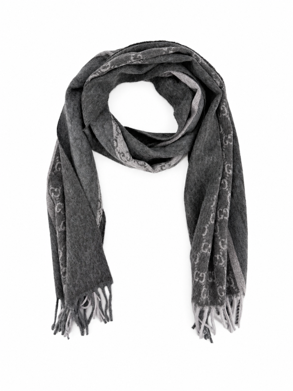 Écharpe Gucci en cachemire et laine gris anthracite à monogramme avec franges