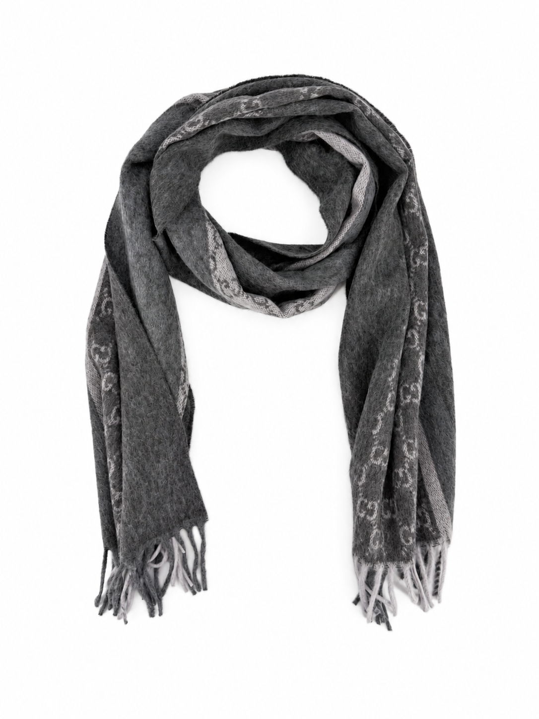 Écharpe Gucci en cachemire et laine gris anthracite à monogramme avec franges