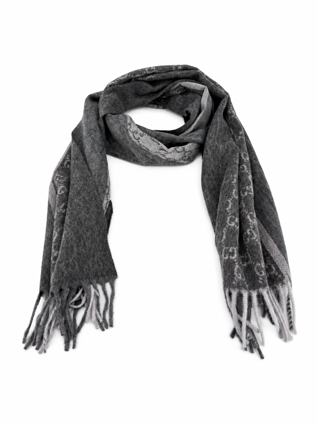 Écharpe Gucci en cachemire et laine gris anthracite à monogramme avec franges