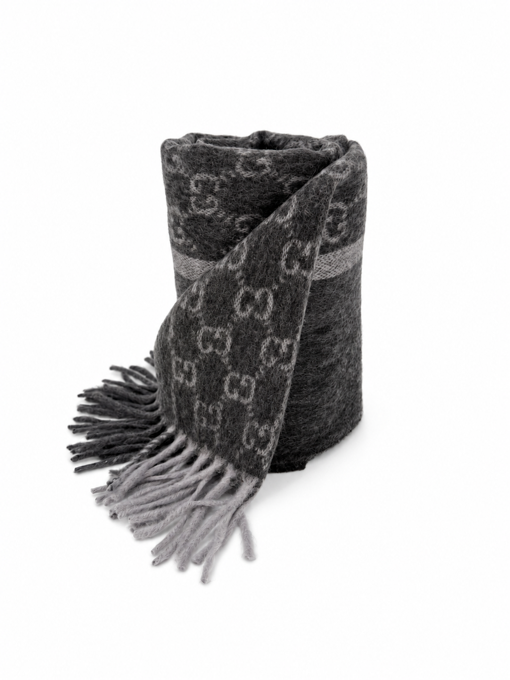 Écharpe Gucci en cachemire et laine gris anthracite à monogramme avec franges