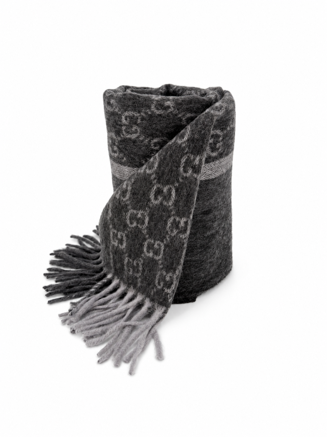 Écharpe Gucci en cachemire et laine gris anthracite à monogramme avec franges