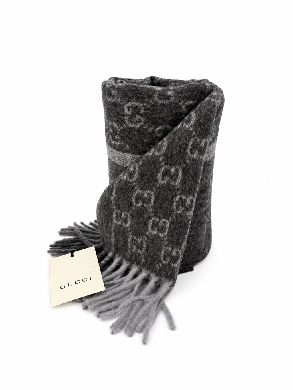 Écharpe Gucci en cachemire et laine gris anthracite à monogramme avec franges