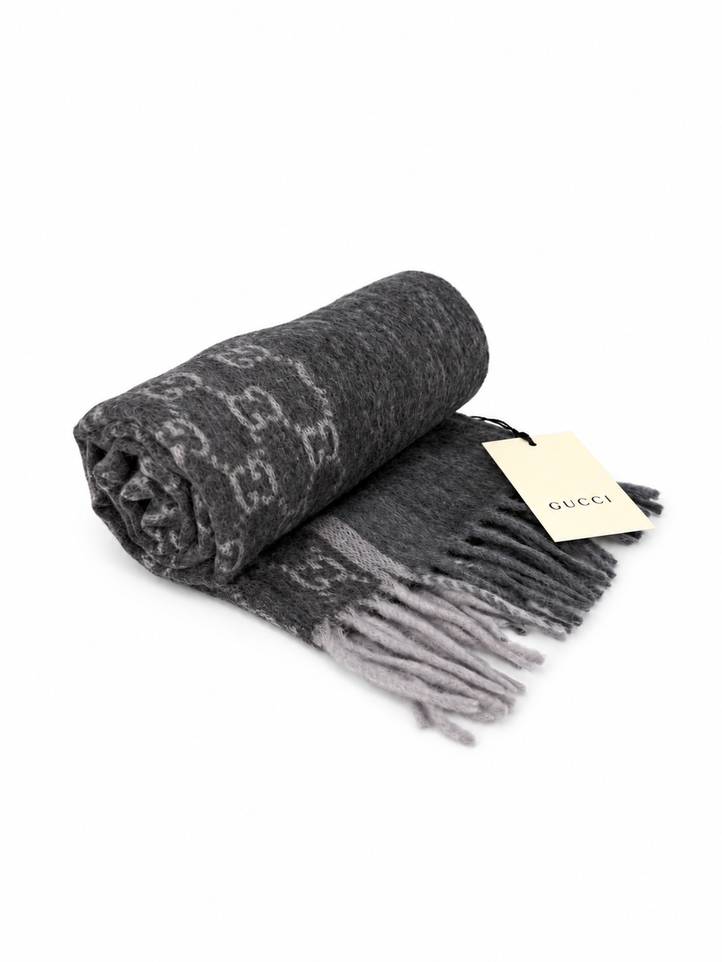 Écharpe Gucci en cachemire et laine gris anthracite à monogramme avec franges