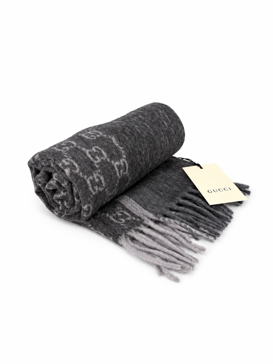 Écharpe Gucci en cachemire et laine gris anthracite à monogramme avec franges