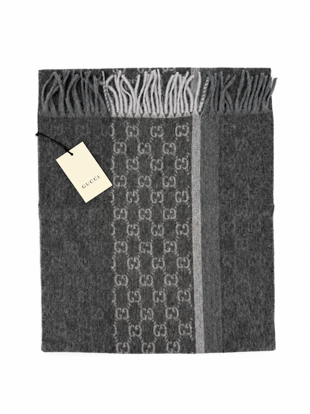 Écharpe Gucci en cachemire et laine gris anthracite à monogramme avec franges
