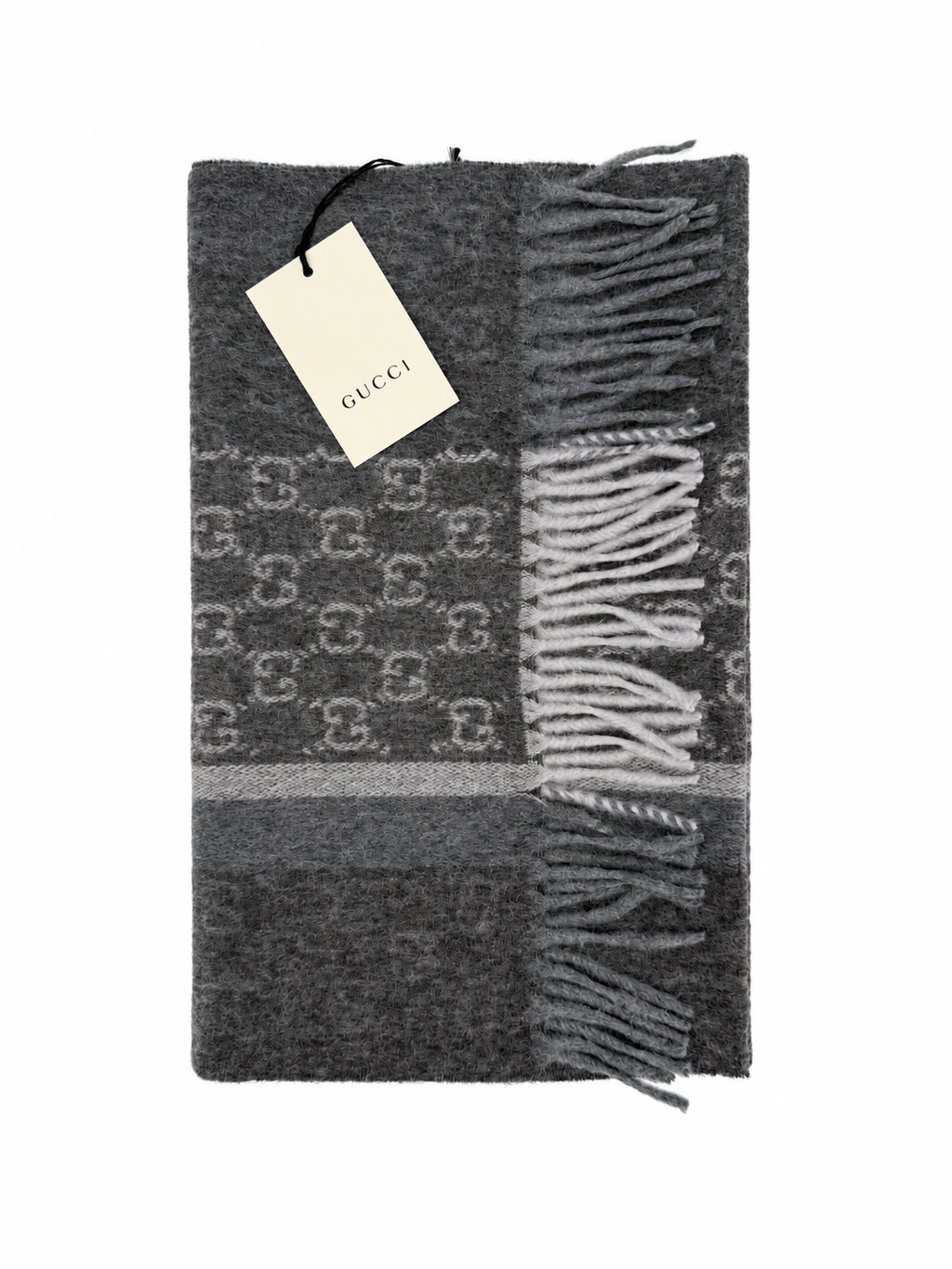 Écharpe Gucci en cachemire et laine gris anthracite à monogramme avec franges