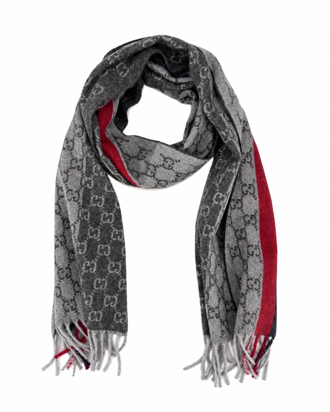 Écharpe Gucci en cachemire et laine gris à monogramme avec rayures rouge et noire