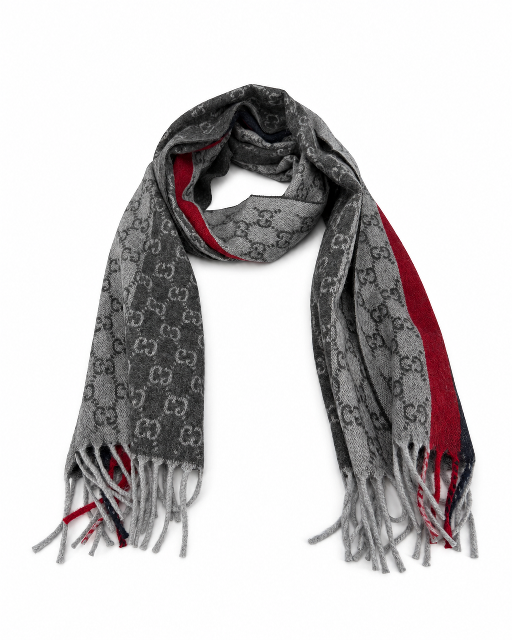 Écharpe Gucci en cachemire et laine gris à monogramme avec rayures rouge et noire