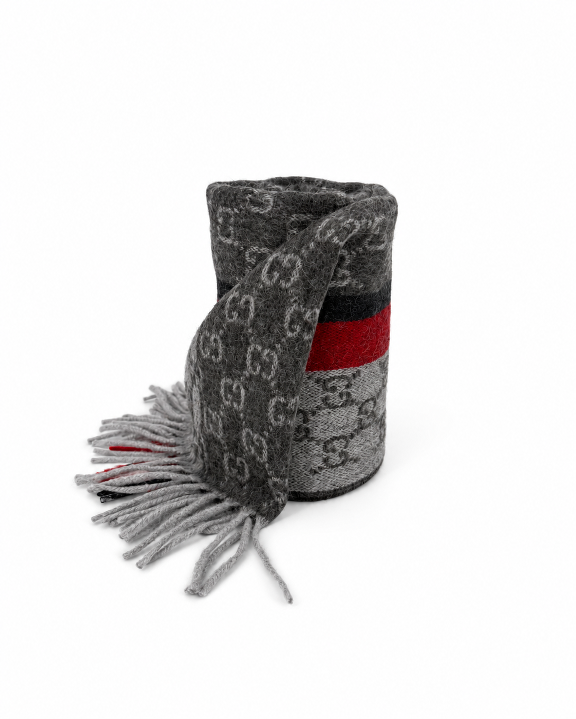 Écharpe Gucci en cachemire et laine gris à monogramme avec rayures rouge et noire
