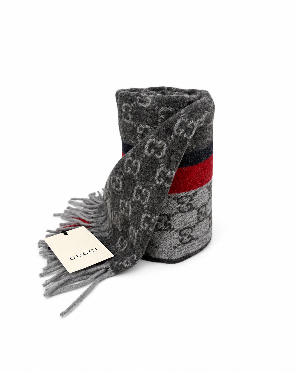 Écharpe Gucci en cachemire et laine gris à monogramme avec rayures rouge et noire