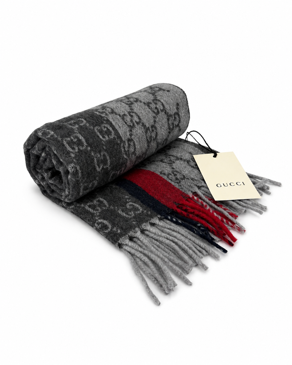 Écharpe Gucci en cachemire et laine gris à monogramme avec rayures rouge et noire