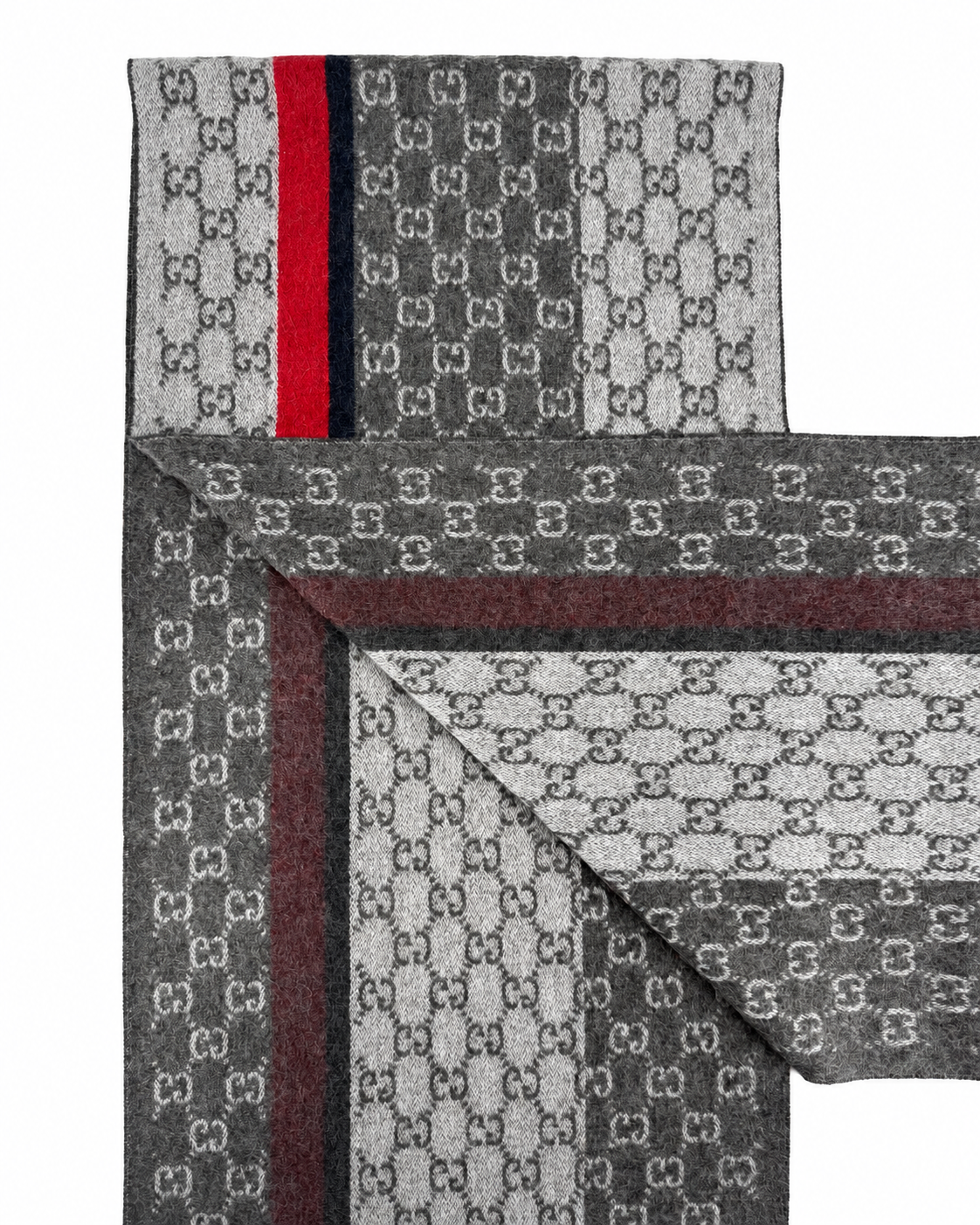 Bufanda de lana y cachemira gris con monograma Gucci y rayas rojas y negras