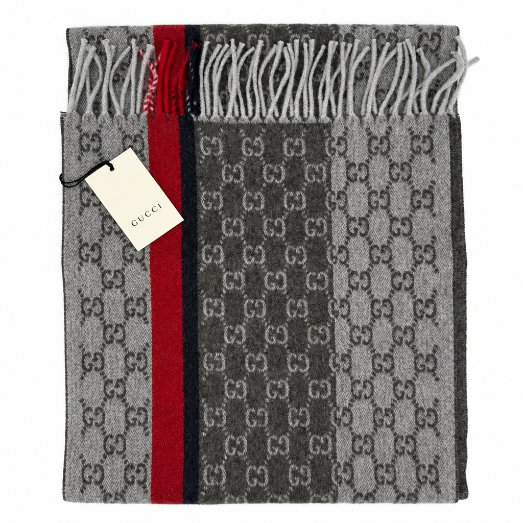 Écharpe Gucci en cachemire et laine gris à monogramme avec rayures rouge et noire