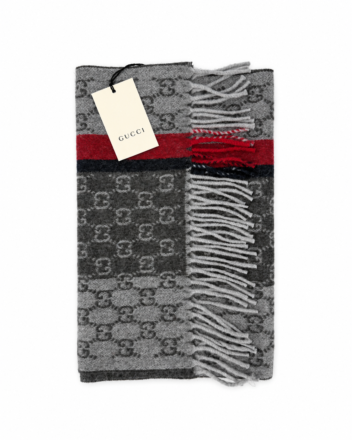 Écharpe Gucci en cachemire et laine gris à monogramme avec rayures rouge et noire