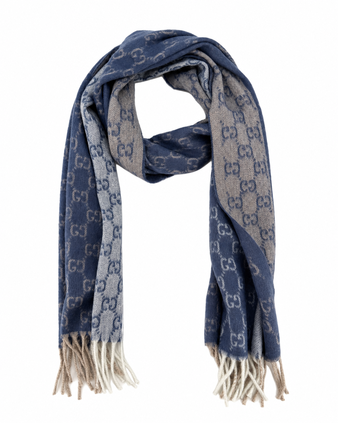Écharpe Gucci en cachemire et laine bleu monogrammé avec franges beiges et crème