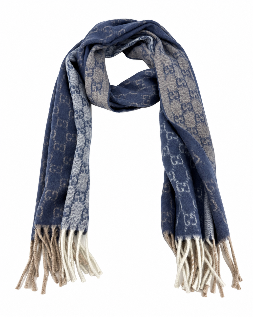 Écharpe Gucci en cachemire et laine bleu monogrammé avec franges beiges et crème