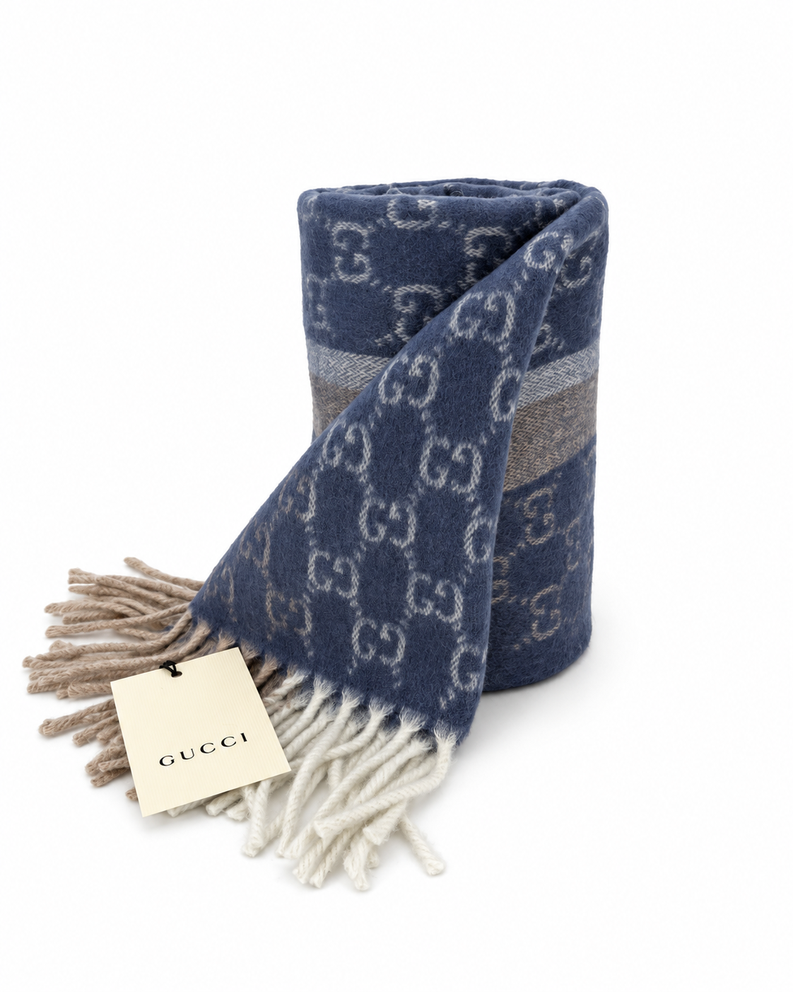 Écharpe Gucci en cachemire et laine bleu monogrammé avec franges beiges et crème