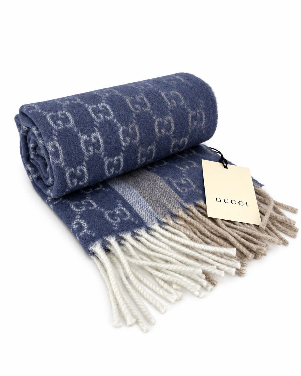 Écharpe Gucci en cachemire et laine bleu monogrammé avec franges beiges et crème