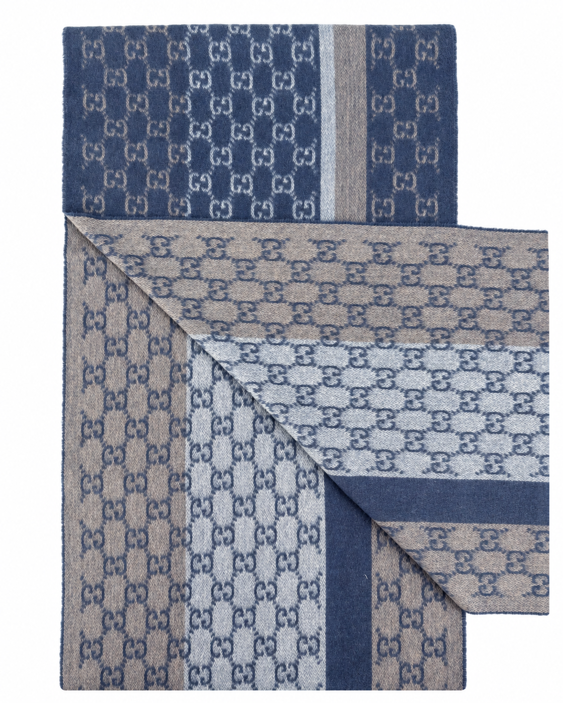 Bufanda Gucci de cachemira y lana azul con monograma y flecos en beige y crema
