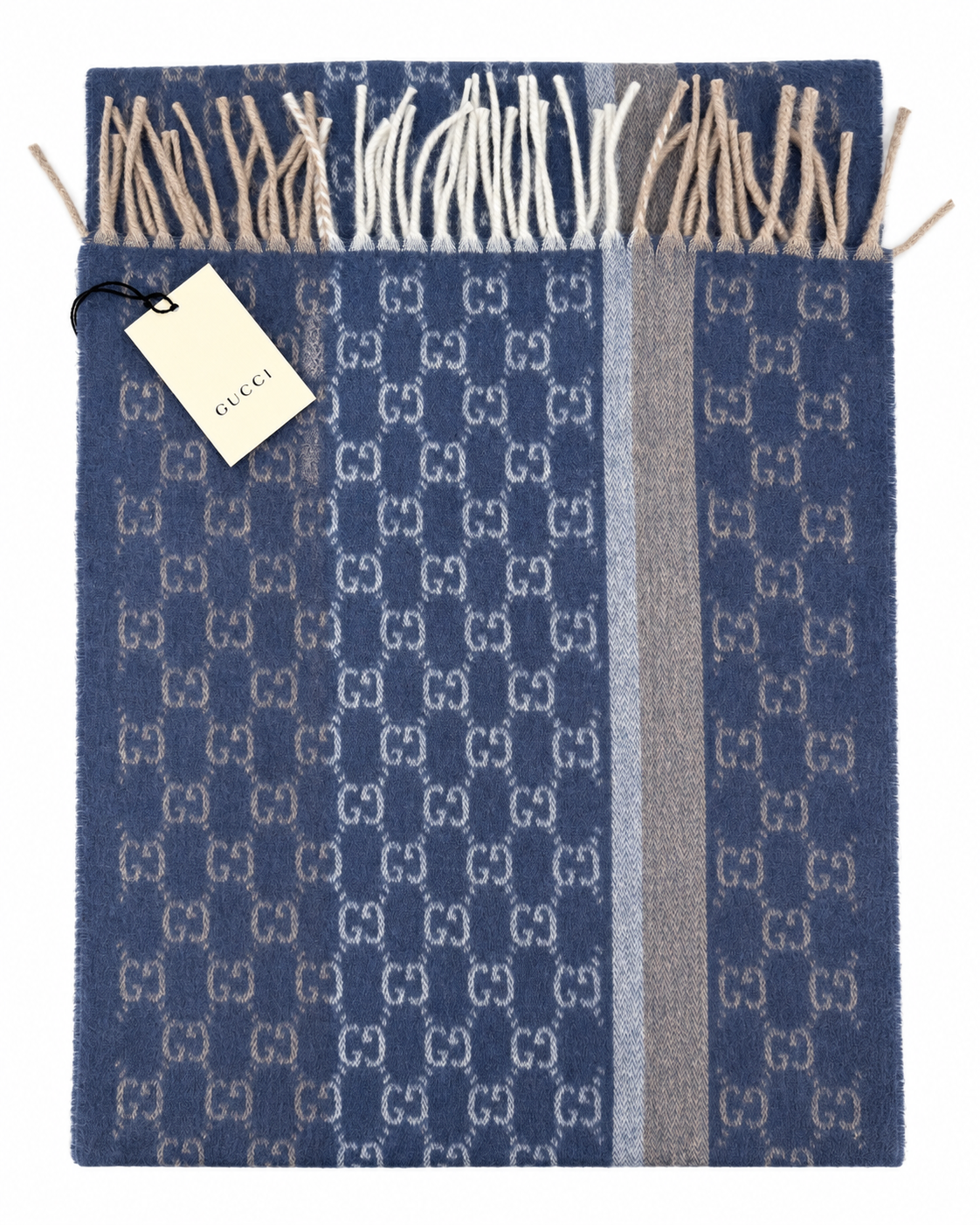 Écharpe Gucci en cachemire et laine bleu monogrammé avec franges beiges et crème