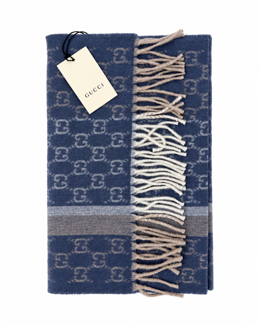 Écharpe Gucci en cachemire et laine bleu monogrammé avec franges beiges et crème