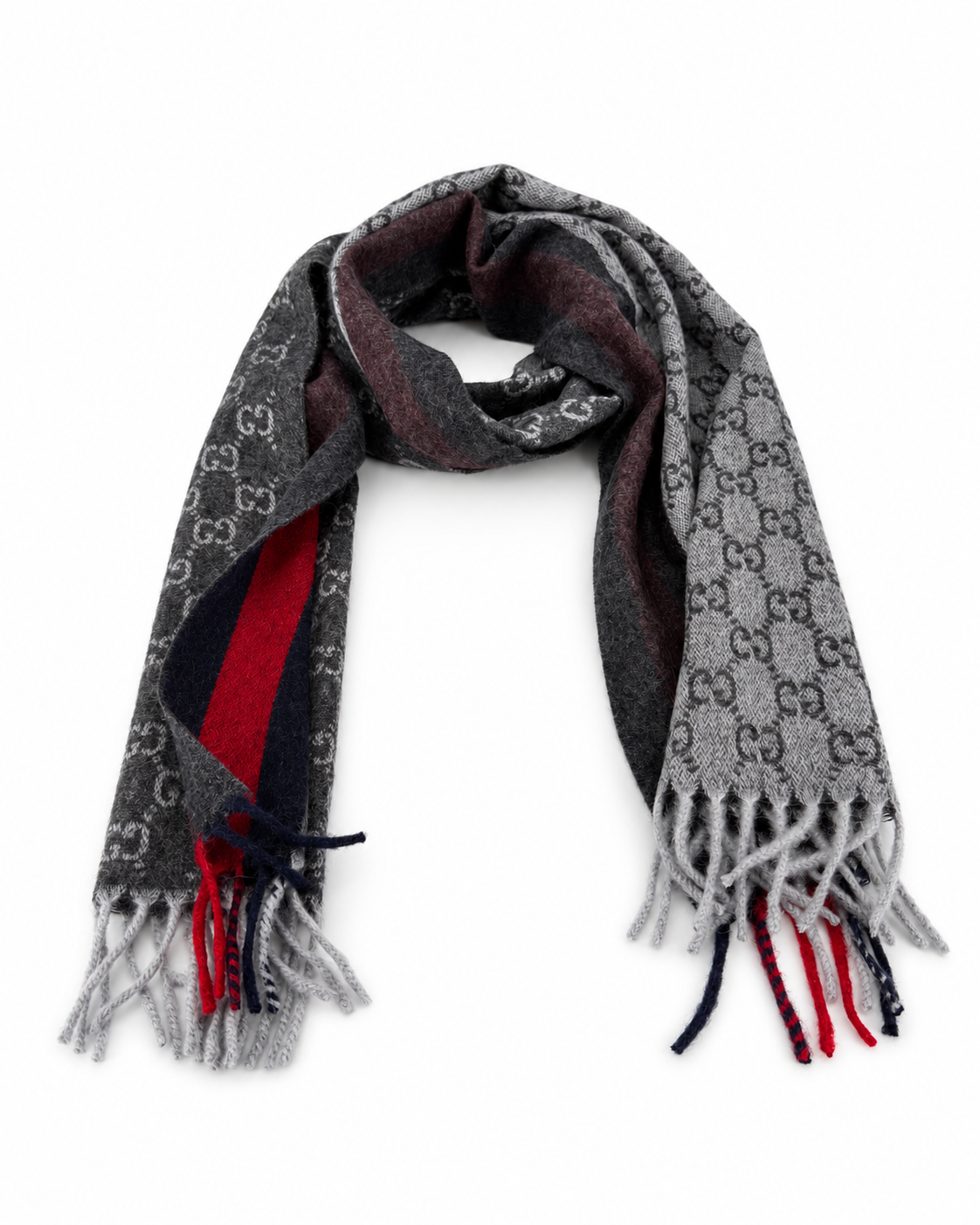 Gucci Monogram Schal aus Kaschmir und Wolle in Anthrazit mit rot-blauem Streifen