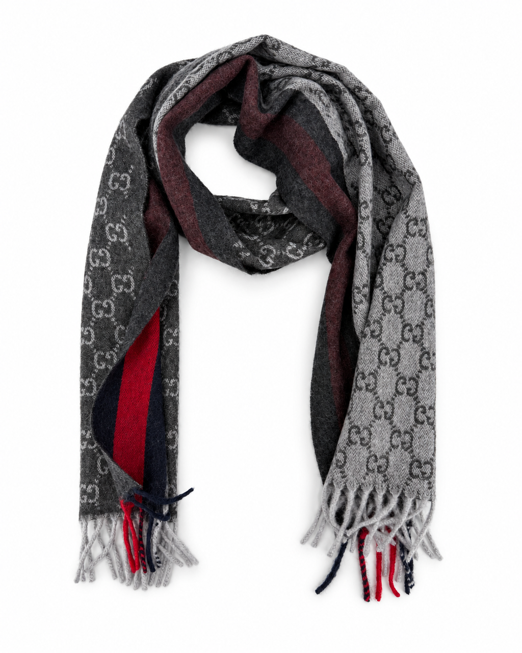 Gucci Monogram Schal aus Kaschmir und Wolle in Anthrazit mit rot-blauem Streifen