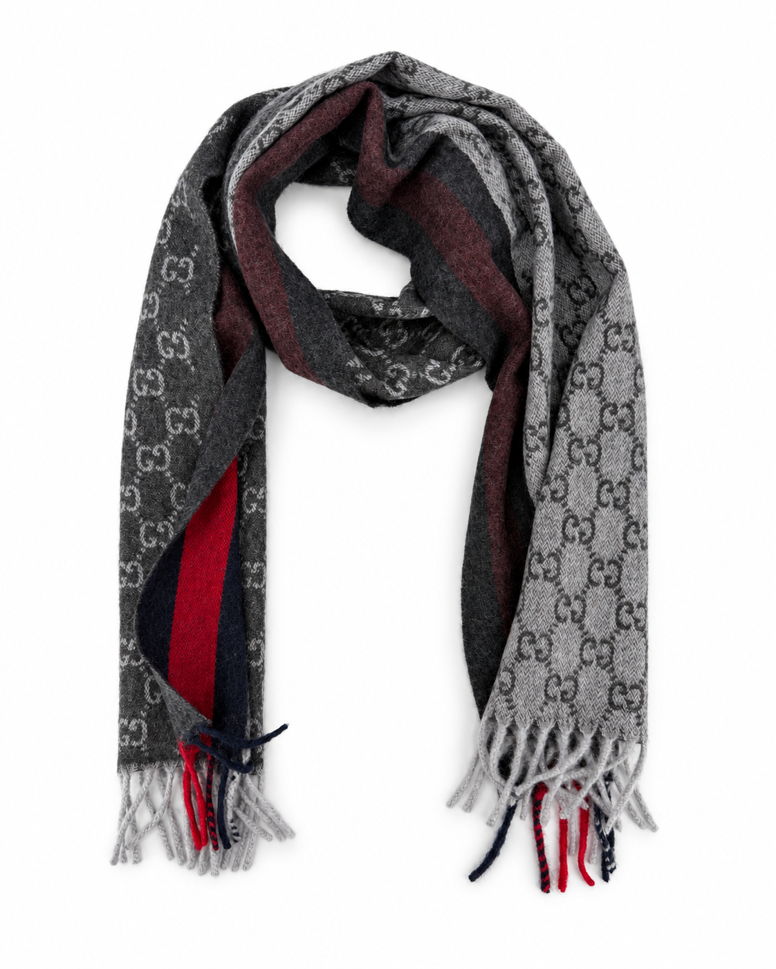 Gucci Monogram Schal aus Kaschmir und Wolle in Anthrazit mit rot-blauem Streifen