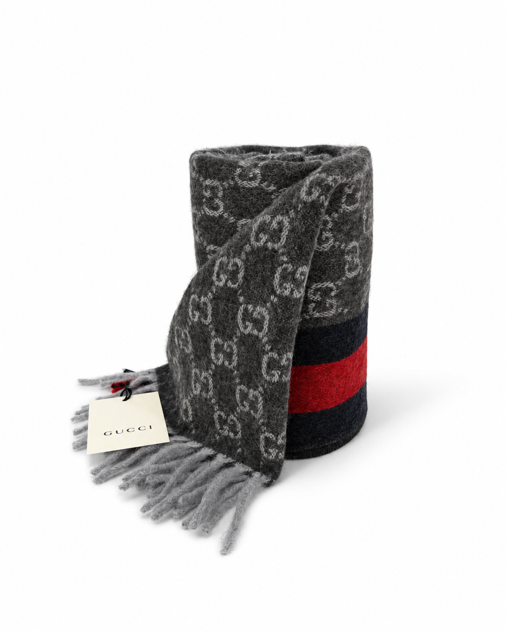 Gucci Monogram Schal aus Kaschmir und Wolle in Anthrazit mit rot-blauem Streifen