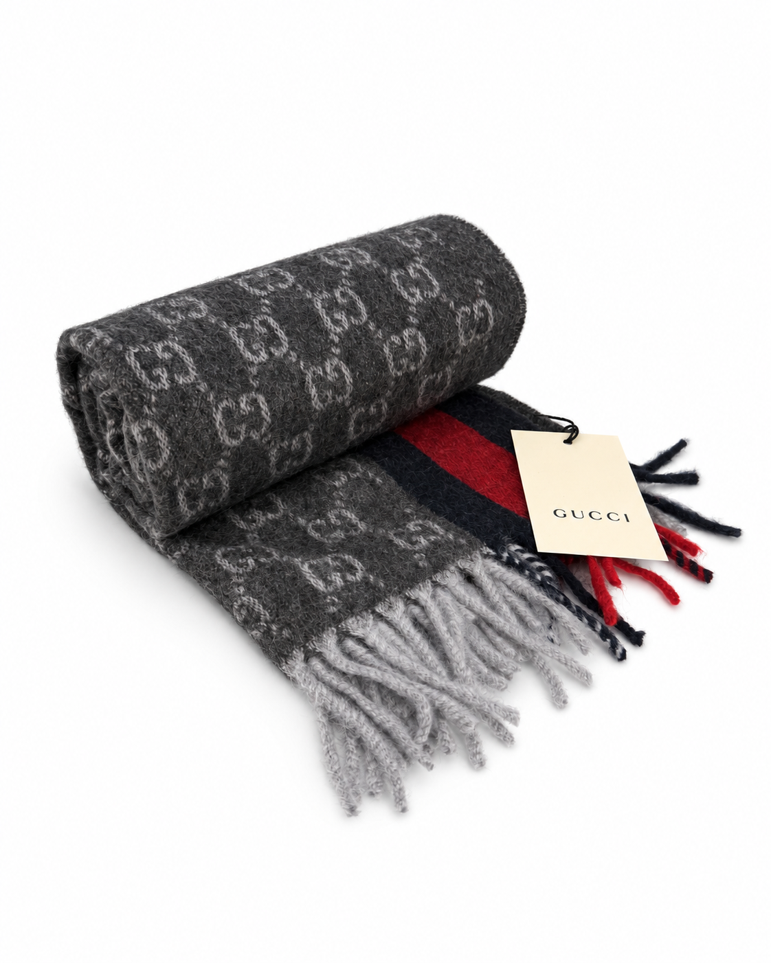 Gucci Monogram Schal aus Kaschmir und Wolle in Anthrazit mit rot-blauem Streifen