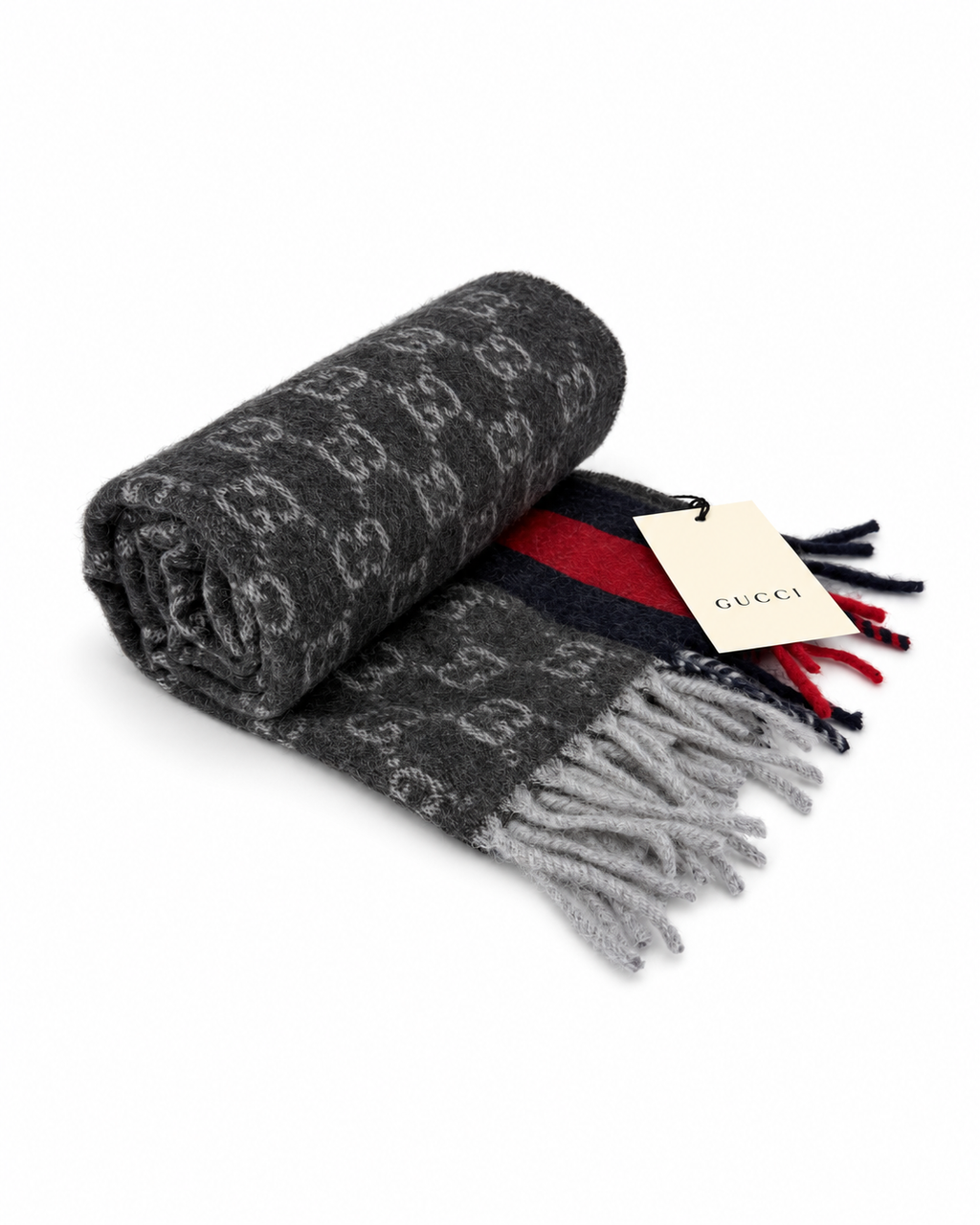 Gucci Monogram Schal aus Kaschmir und Wolle in Anthrazit mit rot-blauem Streifen