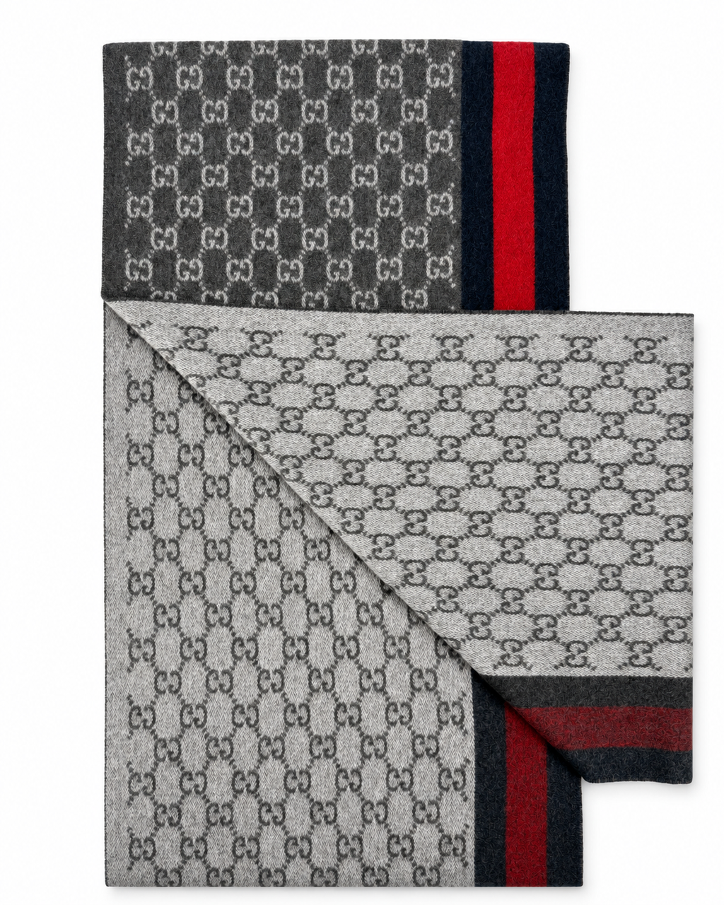 Gucci Monogram Schal aus Kaschmir und Wolle in Anthrazit mit rot-blauem Streifen