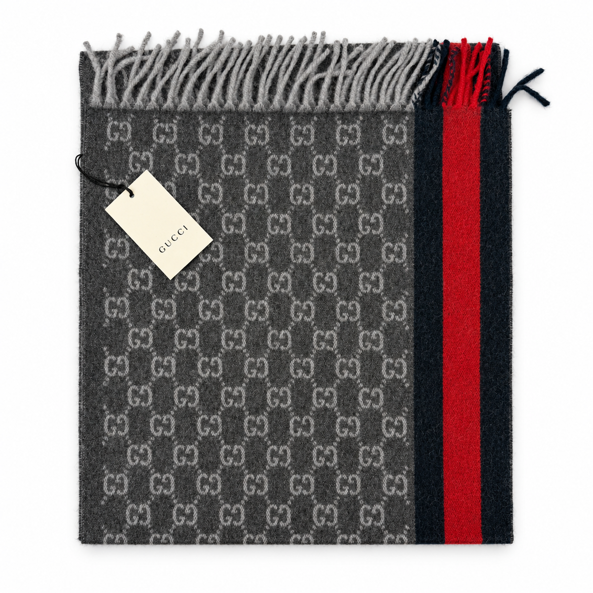 Gucci Monogram Schal aus Kaschmir und Wolle in Anthrazit mit rot-blauem Streifen