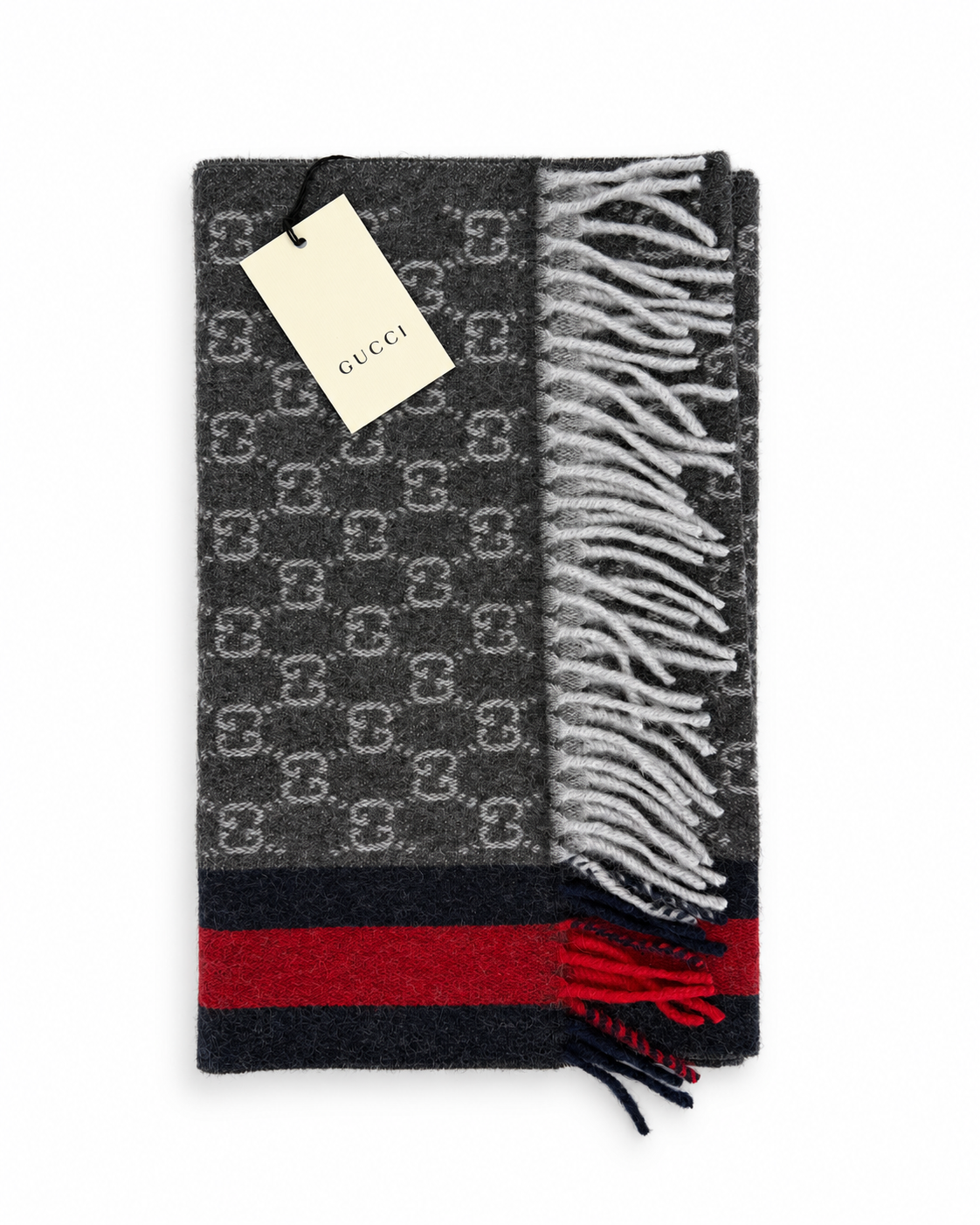 Gucci Monogram Schal aus Kaschmir und Wolle in Anthrazit mit rot-blauem Streifen