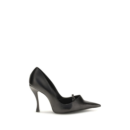 Balenciaga black lambskin Bloom pumps with a pointed toe, low-cut vamp, tonal bow, and sculptural heel.